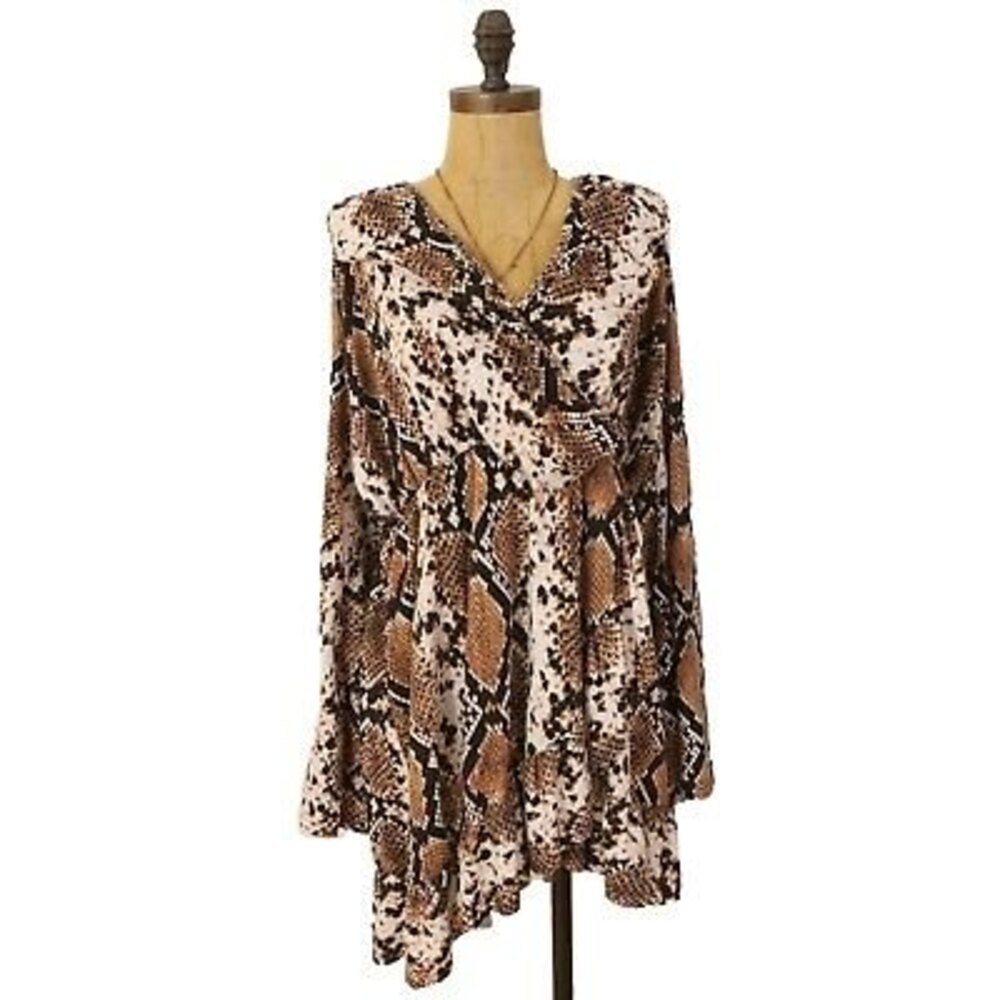 Pretty Little Thing Mini Dress Size 16 Flared Sleeves Plunge Animal Print NWT B6
